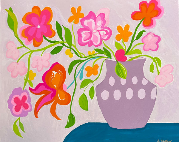 Mauve vase on a Blue Table